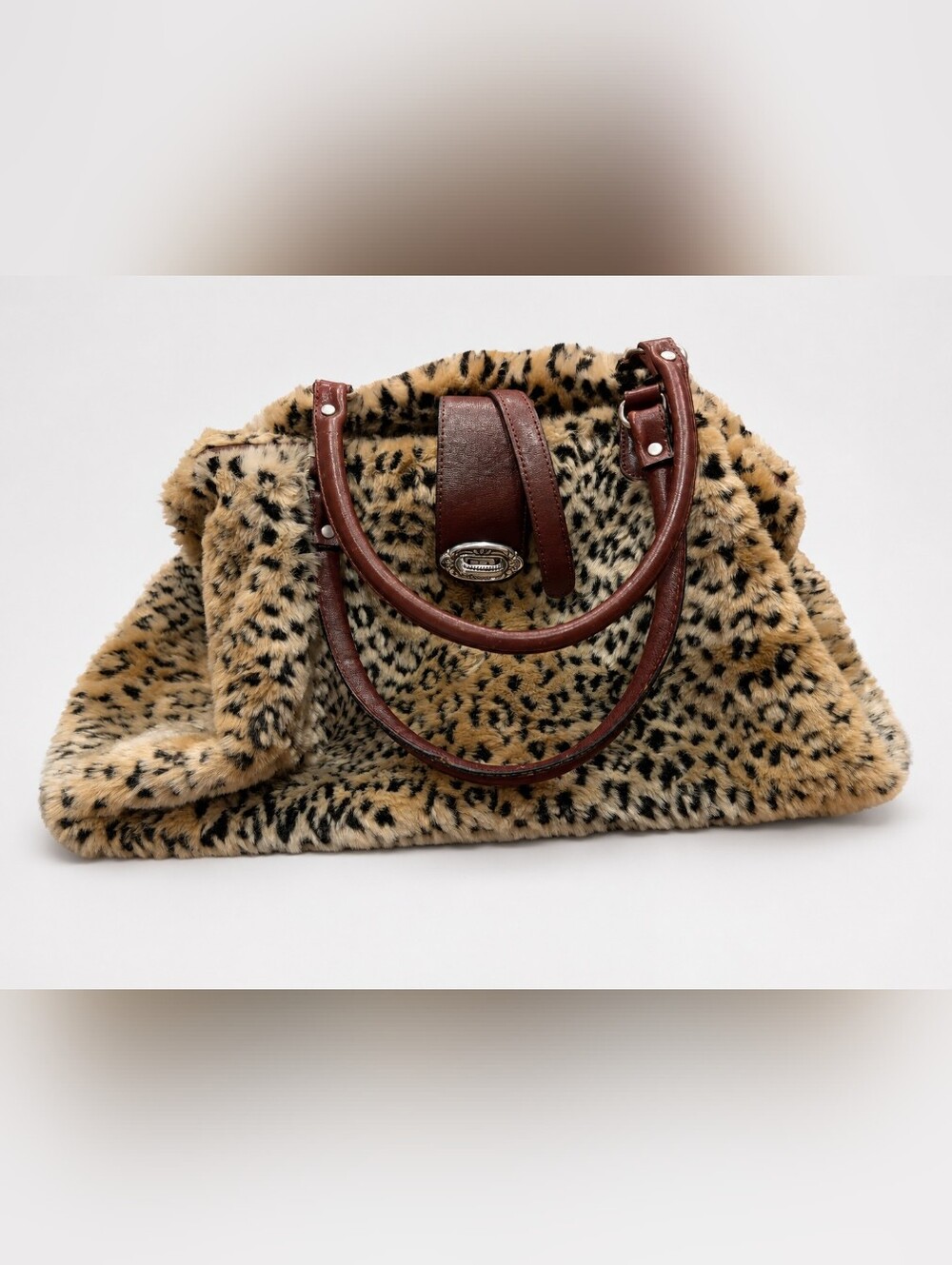 Faux Leopard Fur Tote Bag with Brown Leather Trim